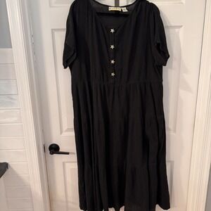 Oasis Womens M Black Short‎ Sleeve Maxi Dress 100% Cotton Star Buttons Lagenlook